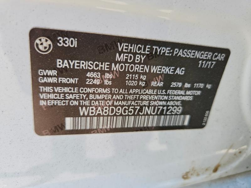 2018 Bmw 330 მანქანა იყიდება აუქციონზე, vin: WBA8D9G57JNU71299, აუქციონის ნომერი: 62461236