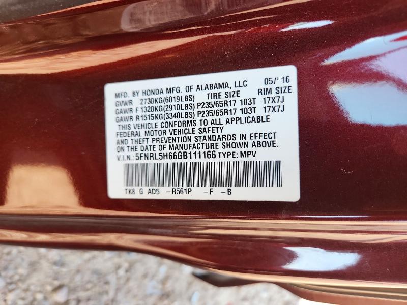 61400566 :رقم المزاد ، 5FNRL5H66GB111166 vin ، 2016 Honda Odyssey مزاد بيع