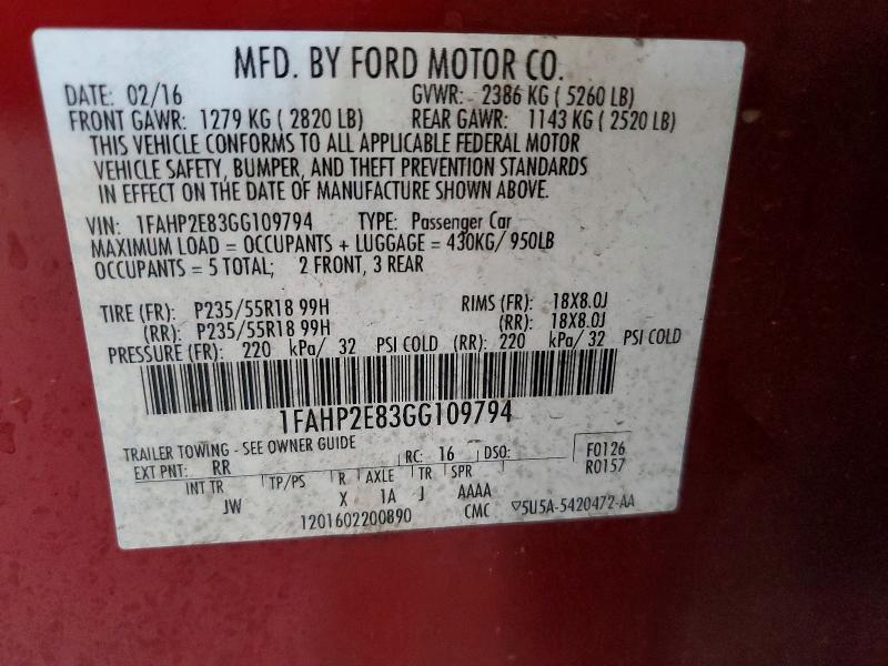 Продаж на аукціоні авто 2016 Ford Taurus, vin: 1FAHP2E83GG109794, номер лоту: 61973516