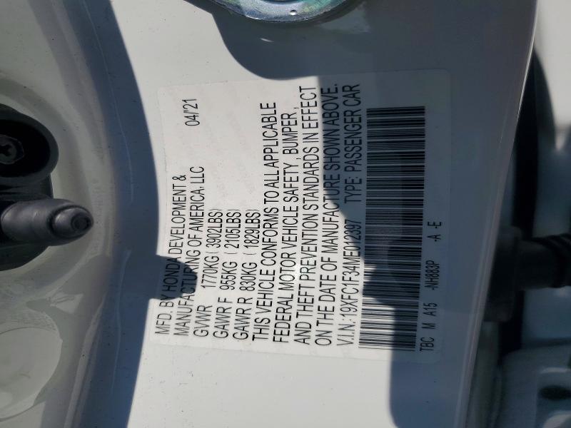 Продажа на аукционе авто 2021 Honda Civic, vin: 19XFC1F34ME012397, номер лота: 60524966