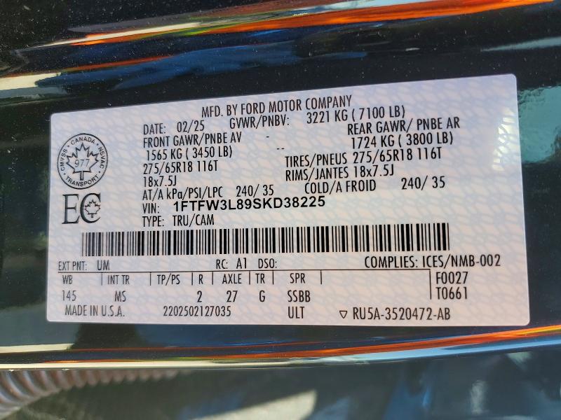 2025 Ford F150 მანქანა იყიდება აუქციონზე, vin: 1FTFW3L89SKD38225, აუქციონის ნომერი: 60880846