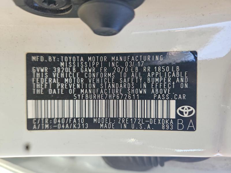 Продаж на аукціоні авто 2017 Toyota Corolla, vin: 5YFBURHE7HP672611, номер лоту: 59729976
