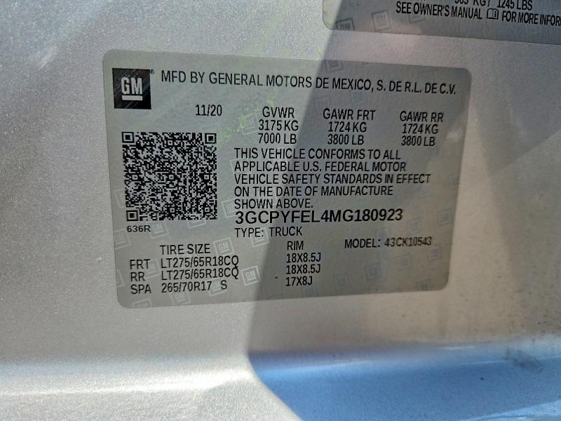 2021 Chevrolet Silverado მანქანა იყიდება აუქციონზე, vin: 3GCPYFEL4MG180923, აუქციონის ნომერი: 62993276
