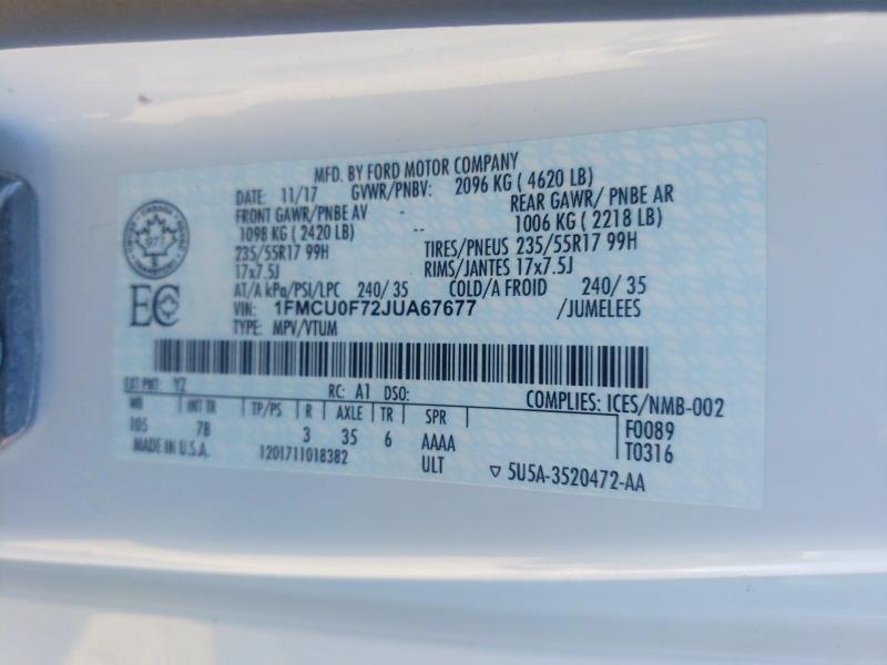 62955376 :رقم المزاد ، 1FMCU0F72JUA67677 vin ، 2018 Ford Escape مزاد بيع