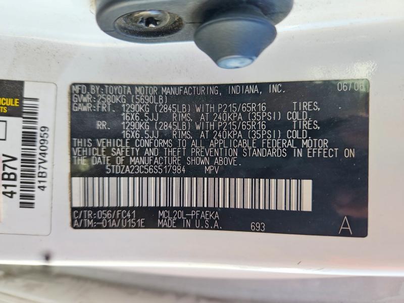 2006 Toyota Sienna მანქანა იყიდება აუქციონზე, vin: 5TDZA23C56S517984, აუქციონის ნომერი: 60797846