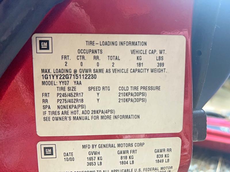2001 Chevrolet Corvette მანქანა იყიდება აუქციონზე, vin: 1G1YY22G715112230, აუქციონის ნომერი: 62349136