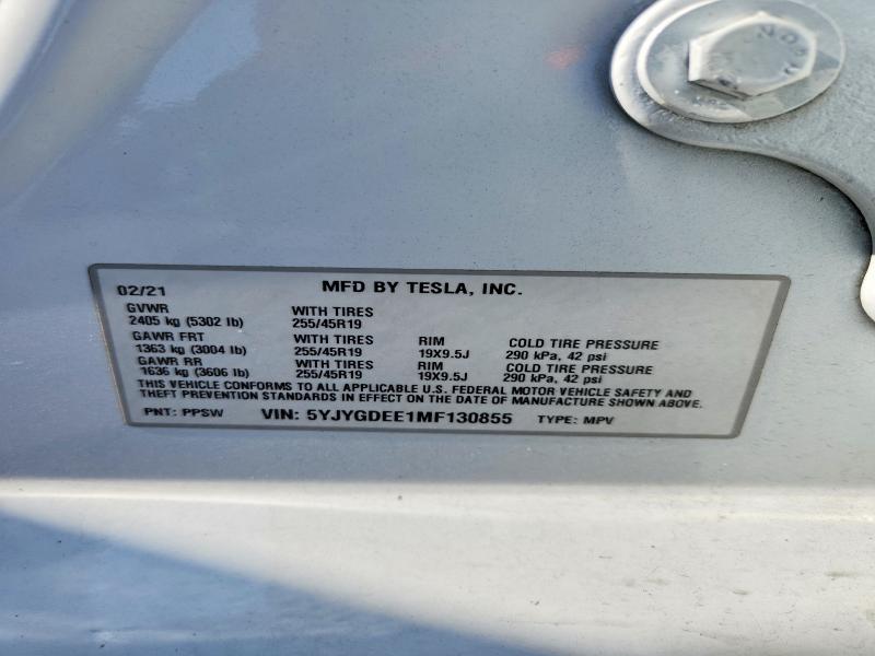 60703316 :رقم المزاد ، 5YJYGDEE1MF130855 vin ، 2021 Tesla Model Y مزاد بيع