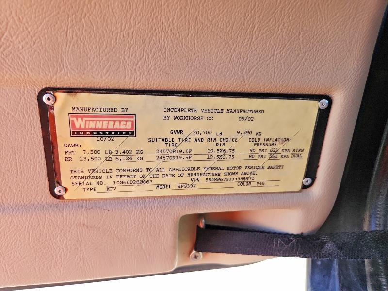 2003 Workhorse Motorhome Chassis მანქანა იყიდება აუქციონზე, vin: 5B4MP67G333359970, აუქციონის ნომერი: 59576106