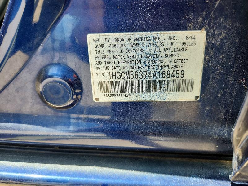 Aukcja sprzedaży 2004 Honda Accord, vin: 1HGCM56374A168459, numer aukcji: 59649476
