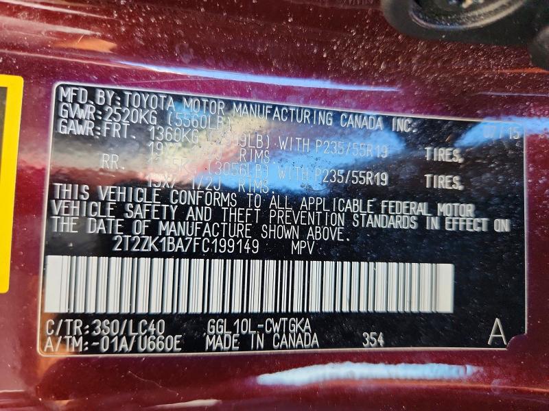 60667956 :رقم المزاد ، 2T2ZK1BA7FC199149 vin ، 2015 Lexus Rx مزاد بيع