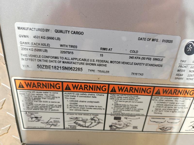2025 Quality Cargo Unknown მანქანა იყიდება აუქციონზე, vin: 50ZBE1821SN062285, აუქციონის ნომერი: 59634946
