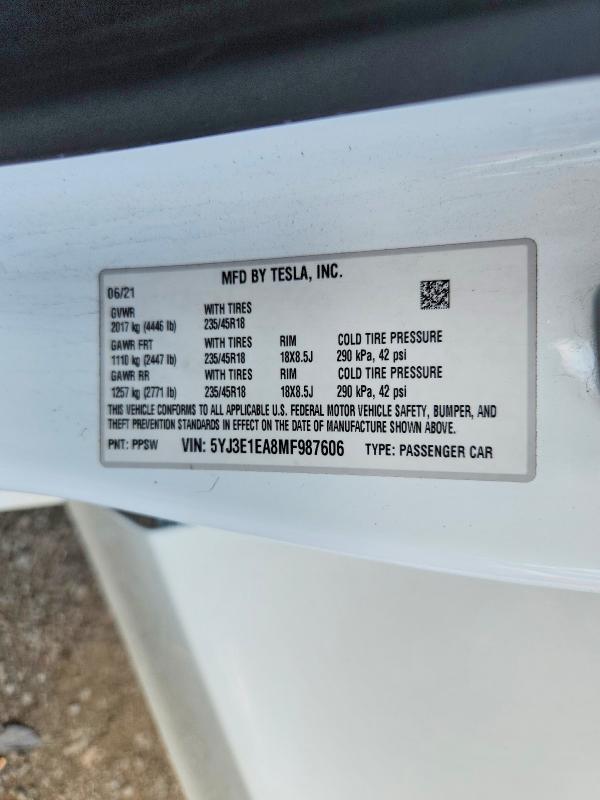 Продажа на аукционе авто 2021 Tesla Model 3, vin: 5YJ3E1EA8MF987606, номер лота: 59051016
