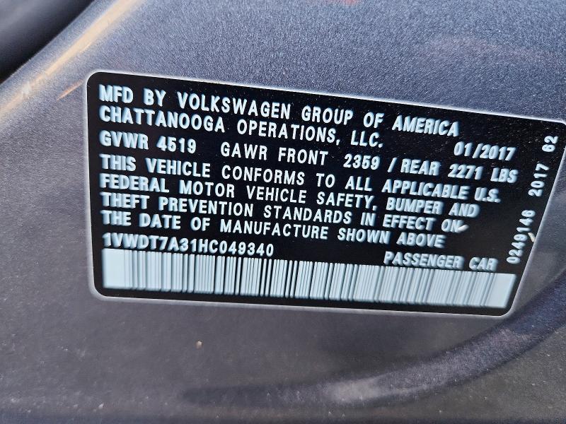 Aukcja sprzedaży 2017 Volkswagen Passat, vin: 1VWDT7A31HC049340, numer aukcji: 60668616