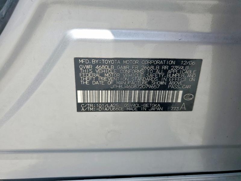 Продаж на аукціоні авто 2007 Lexus Es, vin: JTHBJ46G872079657, номер лоту: 59801156