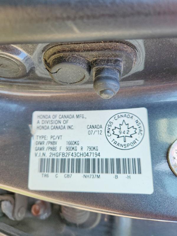 57749586 :رقم المزاد ، 2HGFB2F43CH047194 vin ، 2012 Honda Civic مزاد بيع