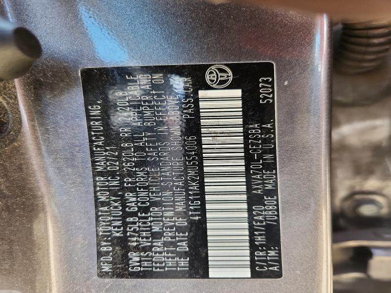 2021 Toyota Camry მანქანა იყიდება აუქციონზე, vin: 4T1G11AK2MU554006, აუქციონის ნომერი: 61873836