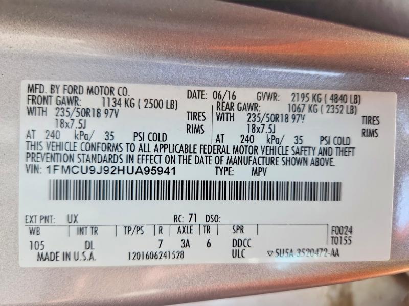 Aukcja sprzedaży 2017 Ford Escape, vin: 1FMCU9J92HUA95941, numer aukcji: 57740766