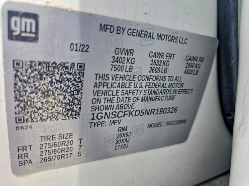 62080286 :رقم المزاد ، 1GNSCFKD5NR190326 vin ، 2022 Chevrolet Suburban مزاد بيع