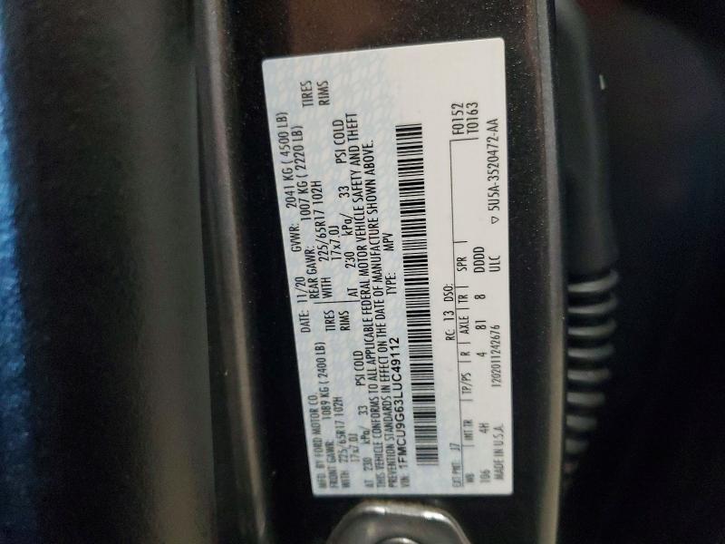 Aukcja sprzedaży 2020 Ford Escape, vin: 1FMCU9G63LUC49112, numer aukcji: 60992856