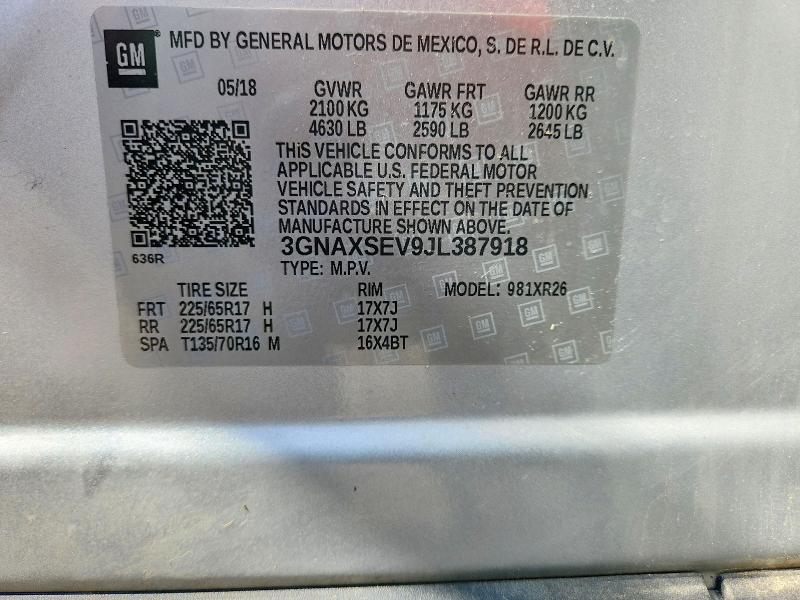 60044916 :رقم المزاد ، 3GNAXSEV9JL387918 vin ، 2018 Chevrolet Equinox مزاد بيع