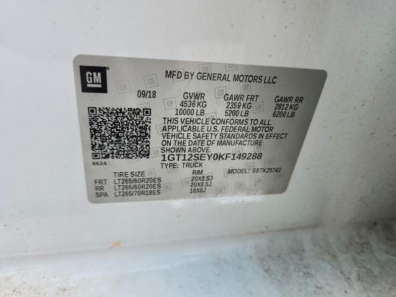 2019 Gmc Sierra მანქანა იყიდება აუქციონზე, vin: 1GT12SEY0KF149288, აუქციონის ნომერი: 60319596