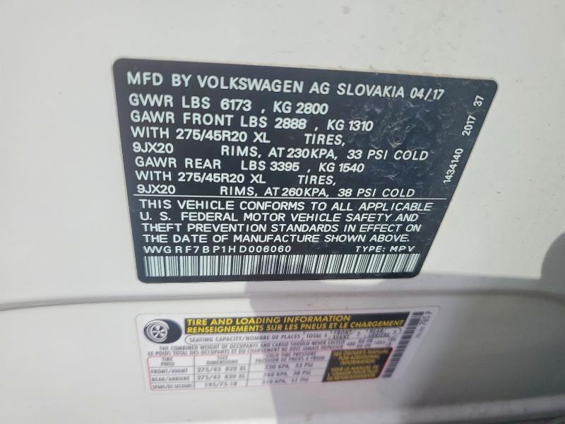 Aukcja sprzedaży 2017 Volkswagen Touareg, vin: WVGRF7BP1HD006060, numer aukcji: 59829826