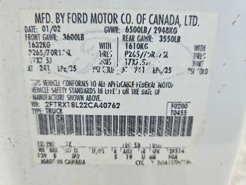 Aukcja sprzedaży 2002 Ford F150, vin: 2FTRX18L22CA40762, numer aukcji: 60291876