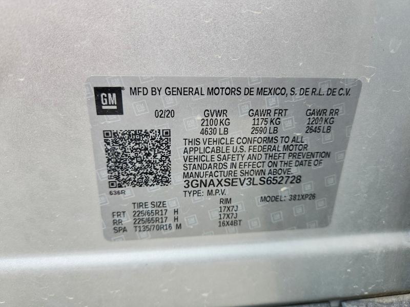 2020 Chevrolet Equinox მანქანა იყიდება აუქციონზე, vin: 3GNAXSEV3LS652728, აუქციონის ნომერი: 62304146