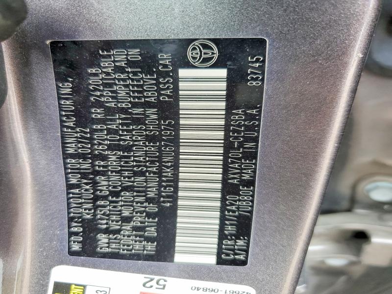Продажа на аукционе авто 2022 Toyota Camry, vin: 4T1G11AK4NU671975, номер лота: 62161186