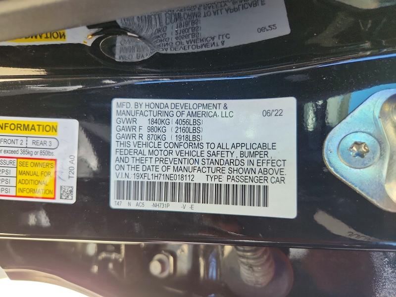 Продаж на аукціоні авто 2022 Honda Civic, vin: 19XFL1H71NE018112, номер лоту: 61509816