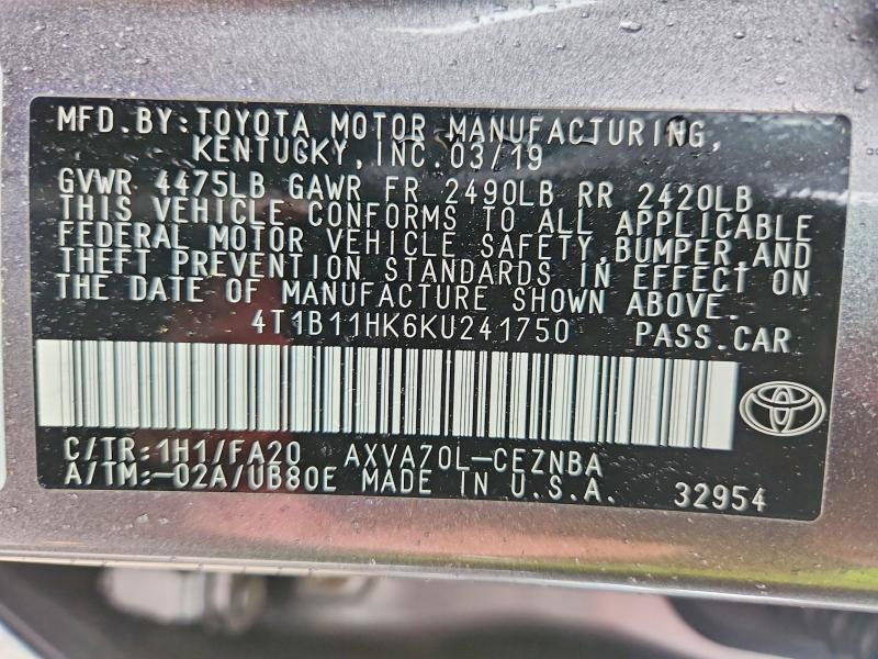 2019 Toyota Camry მანქანა იყიდება აუქციონზე, vin: 4T1B11HK6KU241750, აუქციონის ნომერი: 59240006