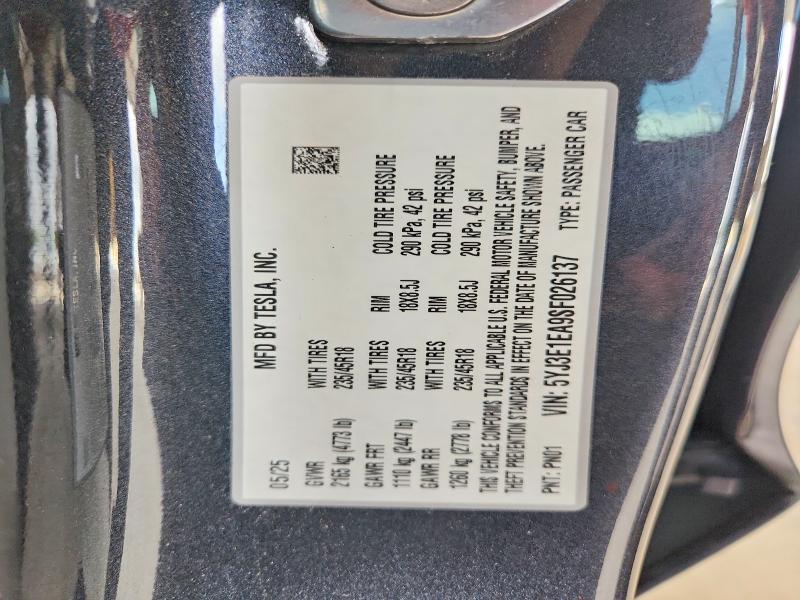 61798256 :رقم المزاد ، 5YJ3E1EA9SF026137 vin ، 2025 Tesla Model 3 مزاد بيع