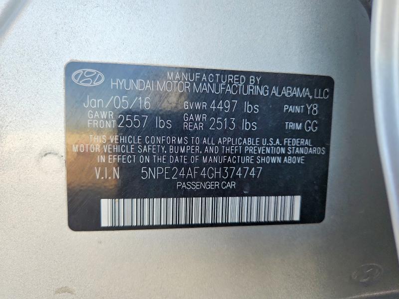Aukcja sprzedaży 2016 Hyundai Sonata, vin: 5NPE24AF4GH374747, numer aukcji: 58993326
