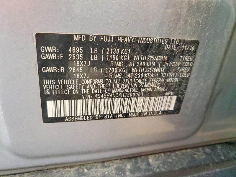 60031266 :رقم المزاد ، 4S4BSANC4H3300061 vin ، 2017 Subaru Outback مزاد بيع