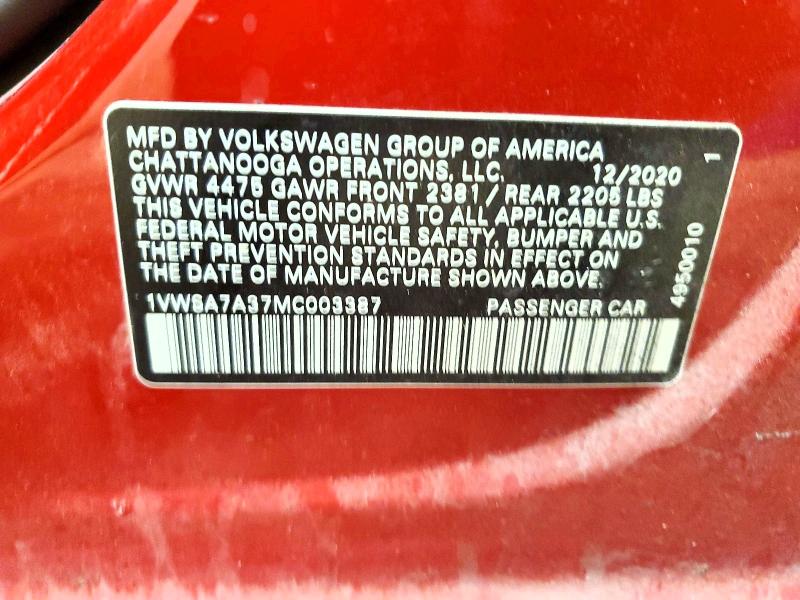 2021 Volkswagen Passat მანქანა იყიდება აუქციონზე, vin: 1VWSA7A37MC003387, აუქციონის ნომერი: 61888906