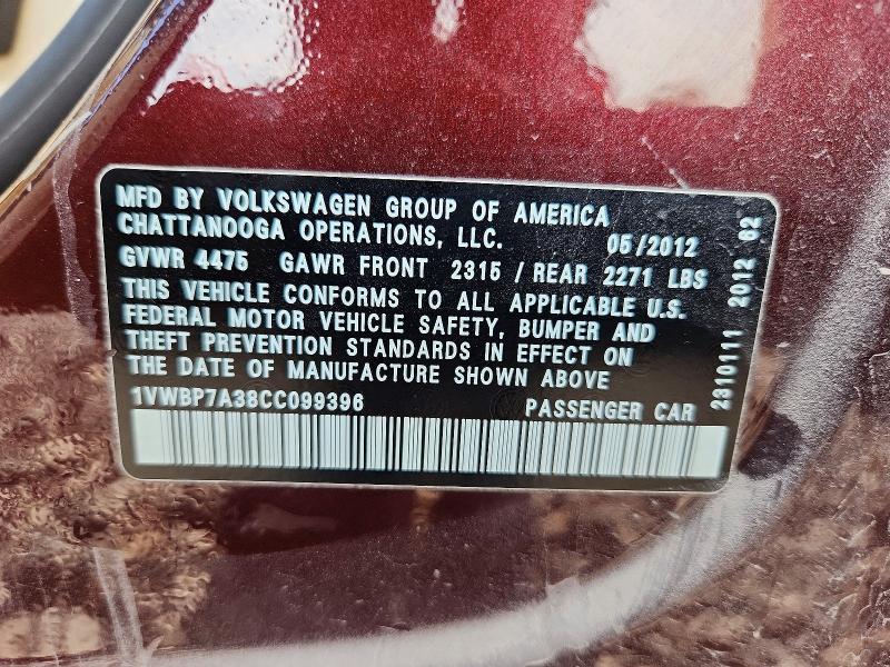 59295646 :رقم المزاد ، 1VWBP7A38CC099396 vin ، 2012 Volkswagen Passat مزاد بيع