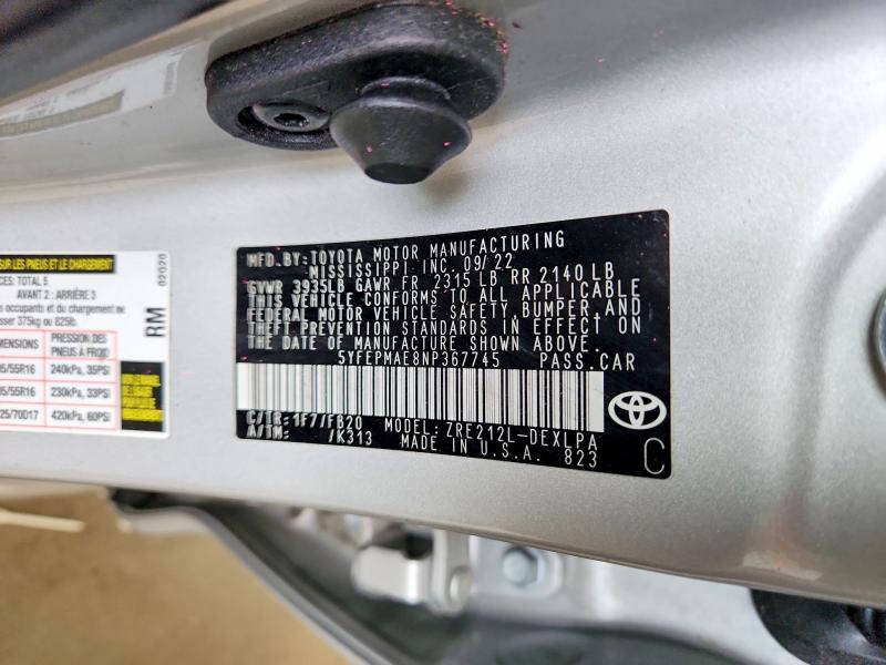 Продажа на аукционе авто 2022 Toyota Corolla, vin: 5YFEPMAE8NP367745, номер лота: 63143176