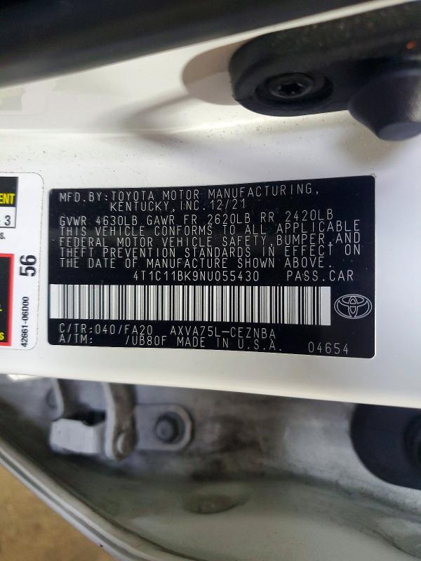 60058966 :رقم المزاد ، 4T1C11BK9NU055430 vin ، 2022 Toyota Camry مزاد بيع