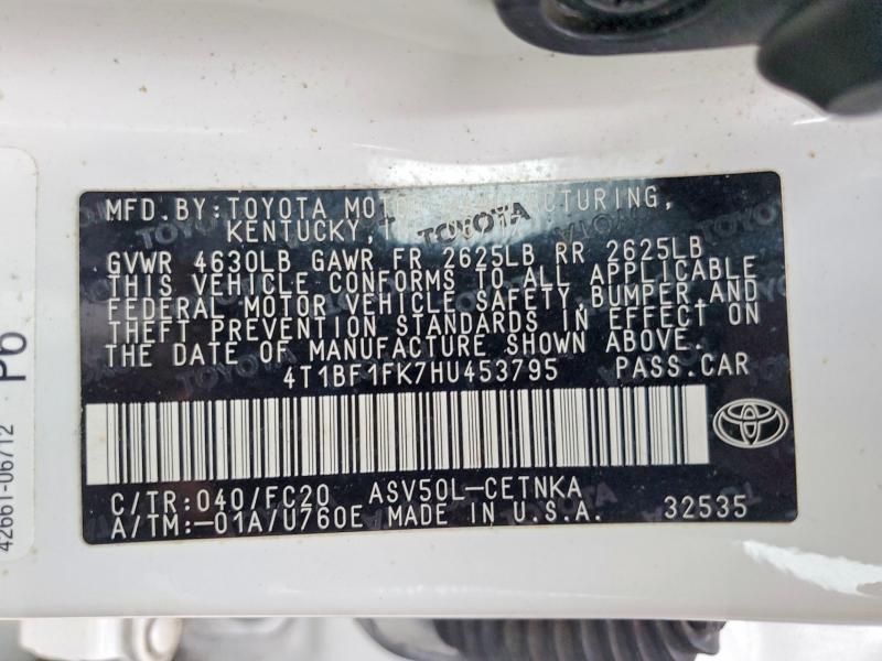 2017 Toyota Camry მანქანა იყიდება აუქციონზე, vin: 4T1BF1FK7HU453795, აუქციონის ნომერი: 61544746
