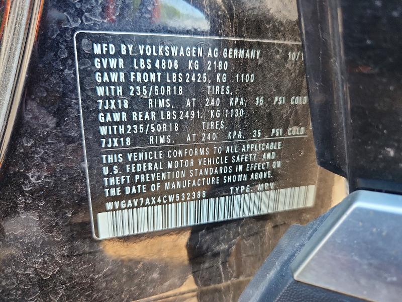 61357226 :رقم المزاد ، WVGAV7AX4CW532388 vin ، 2012 Volkswagen Tiguan مزاد بيع