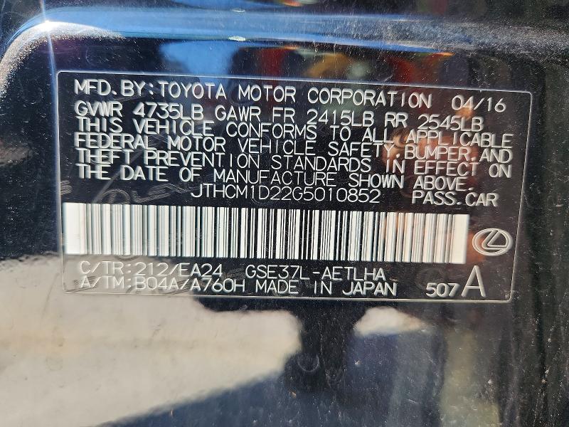 61615866 :رقم المزاد ، JTHCM1D22G5010852 vin ، 2016 Lexus Is مزاد بيع