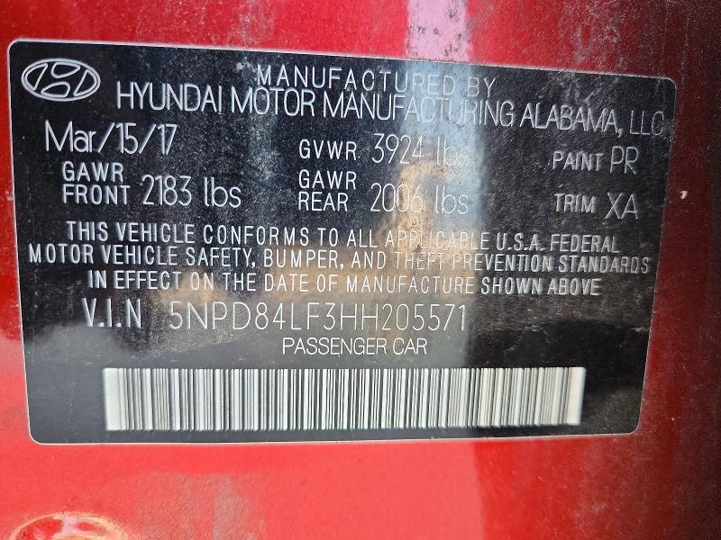 58585816 :رقم المزاد ، 5NPD84LF3HH205571 vin ، 2017 Hyundai Elantra مزاد بيع