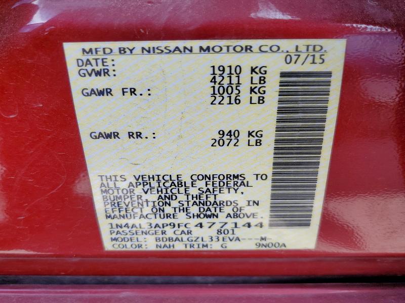 Продажа на аукционе авто 2015 Nissan Altima, vin: 1N4AL3AP9FC477144, номер лота: 62452536