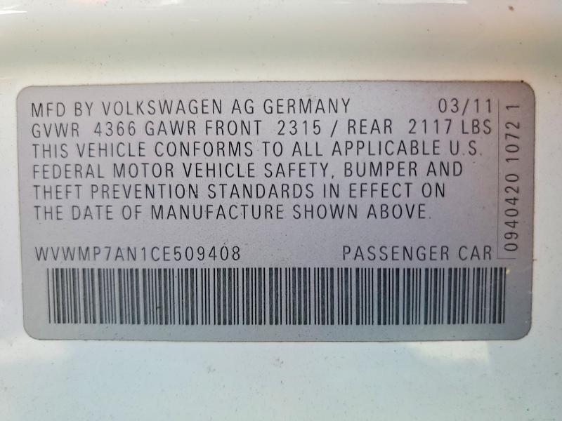 61436436 :رقم المزاد ، WVWMP7AN1CE509408 vin ، 2012 Volkswagen Cc مزاد بيع
