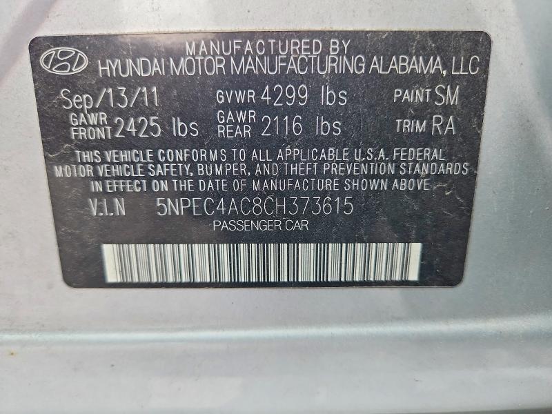 61576096 :رقم المزاد ، 5NPEC4AC8CH373615 vin ، 2012 Hyundai Sonata مزاد بيع