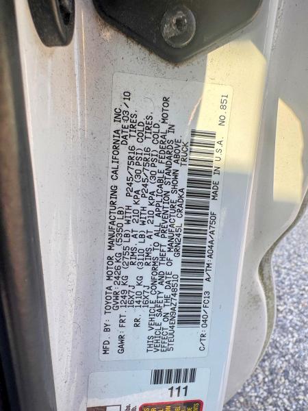 2010 Toyota Tacoma მანქანა იყიდება აუქციონზე, vin: 5TEUU4EN9AZ748510, აუქციონის ნომერი: 63611686