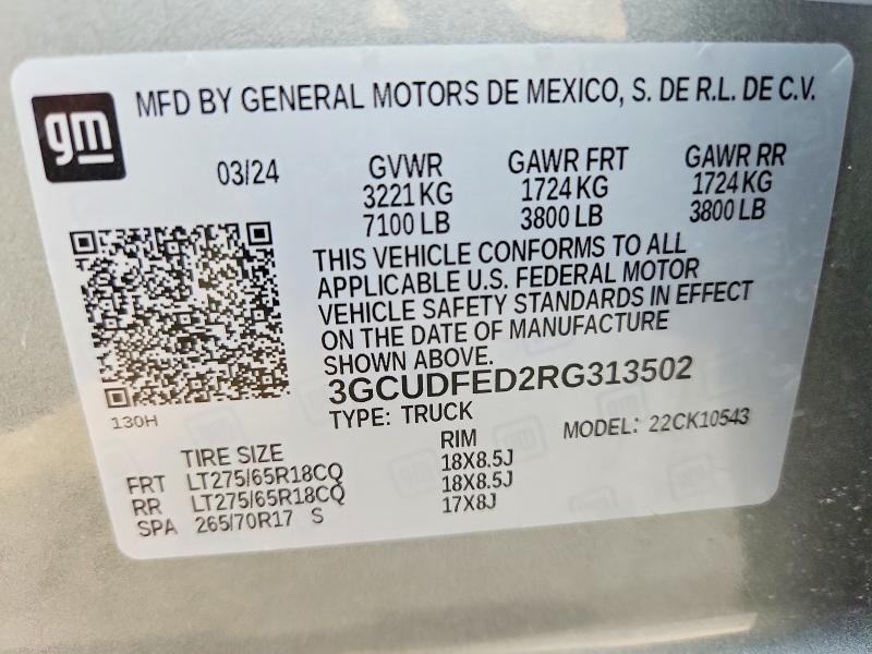Продажа на аукционе авто 2024 Chevrolet Silverado, vin: 3GCUDFED2RG313502, номер лота: 60041566