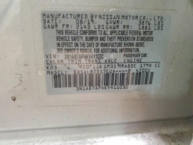 2019 Nissan Sentra მანქანა იყიდება აუქციონზე, vin: 3N1AB7AP4KY411030, აუქციონის ნომერი: 60420496