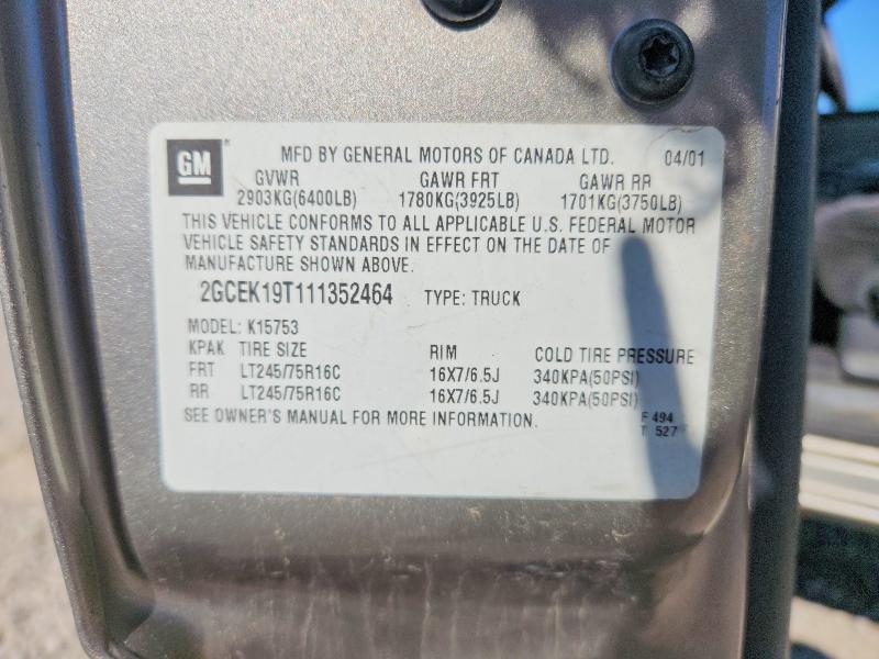 2001 Chevrolet Silverado 1500 მანქანა იყიდება აუქციონზე, vin: 2GCEK19T111352464, აუქციონის ნომერი: 62908236