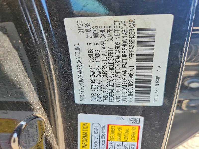 2020 Honda Accord მანქანა იყიდება აუქციონზე, vin: 1HGCV1F35LA051421, აუქციონის ნომერი: 59217106